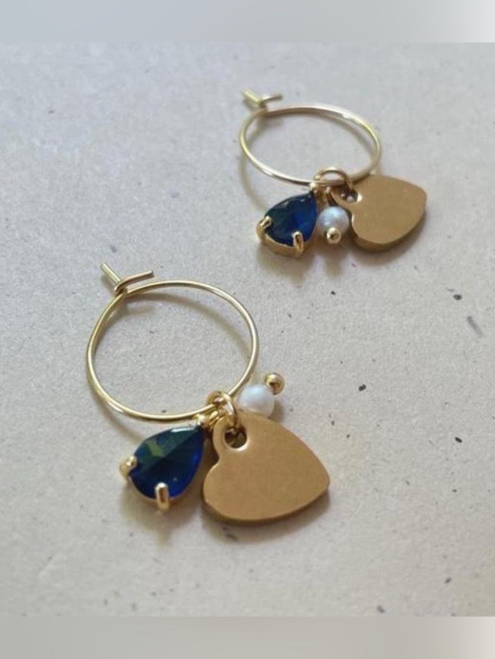 Gold-tone Heart & Sapphire Charm Hoop Earrings